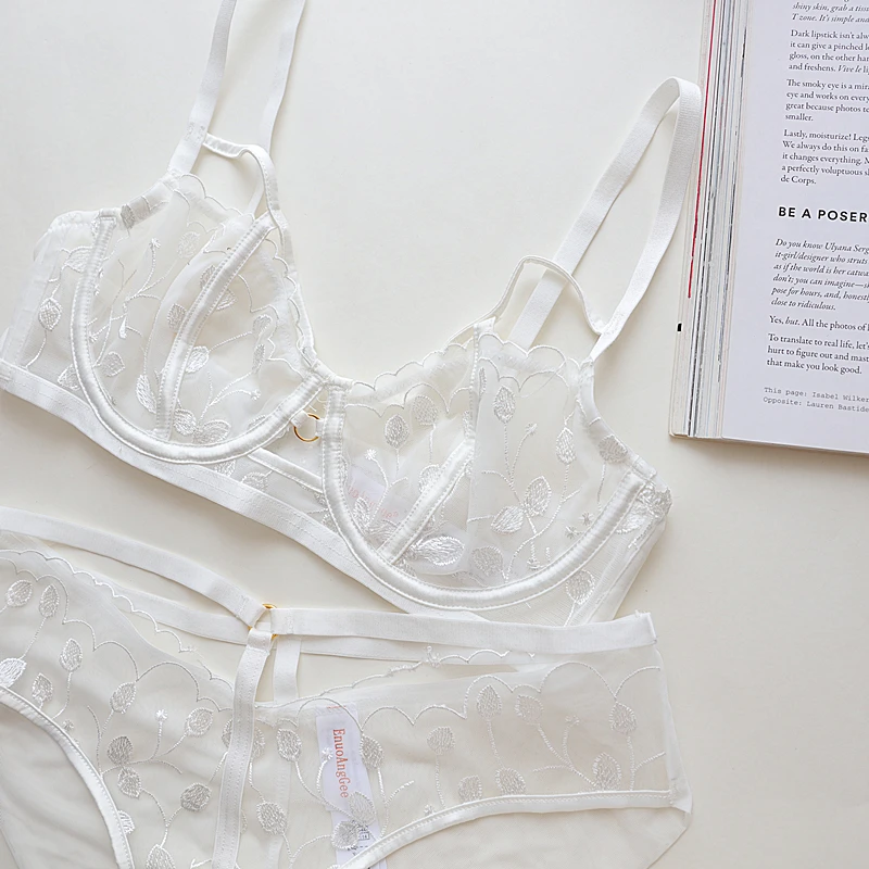 Sexy ultra-thin non-cotton lace underwear women's embroidered mesh lingerie steel ring big breasts small bra set_voghion.com
