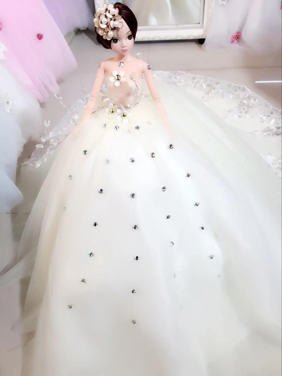 Mini Bride Doll High Quality Soft Luxury Long Tail Dream Wedding Dress Princess Evening Party Clothes Child Present Girl's Gift