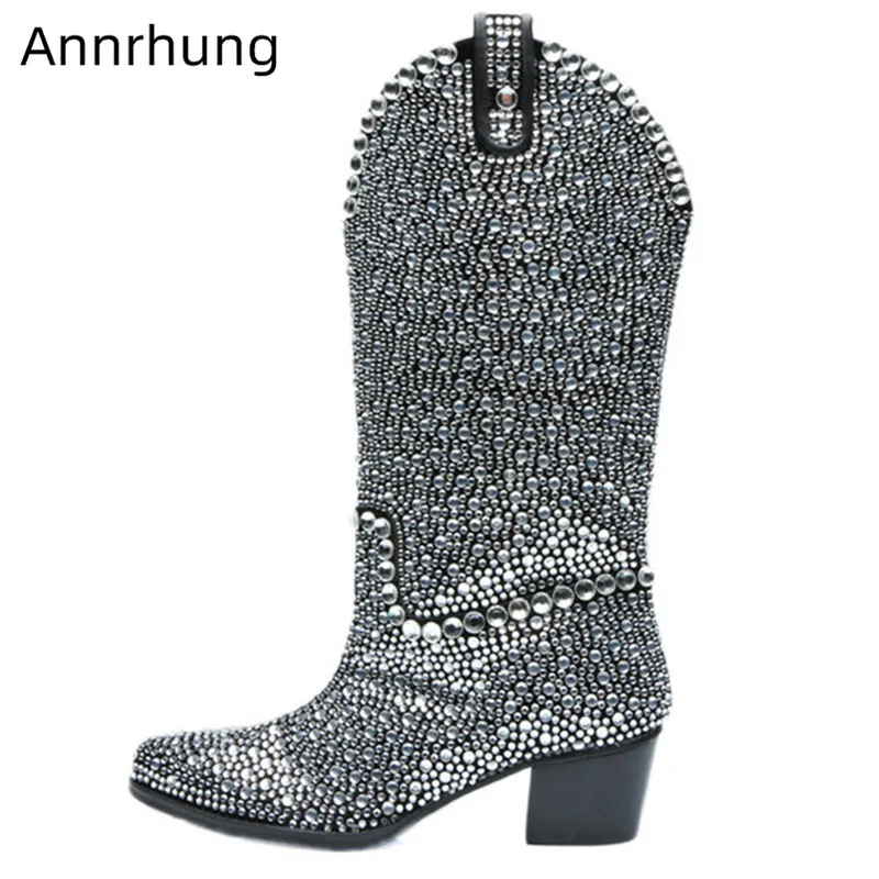 

2019 New Rhinestone Boots Women Cozy Slip On Booties Fashion Pointed Toe Square High Heel Knee-High Boots Glitter Long Botas