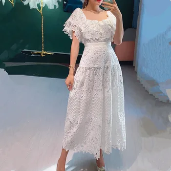 

Summer Dress WOmen 2020 High Quality Ruffles SLash neck Off the shoulder White Lace Dress Women Lily Guipure Midi Celebrity Dres