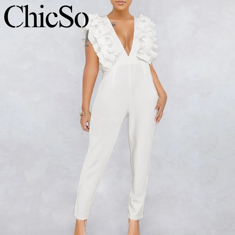 Missychilli knitted v neck long pencil pants jumpsuit women elegant bodycon ruffle white romper winter sexy club long playsuit