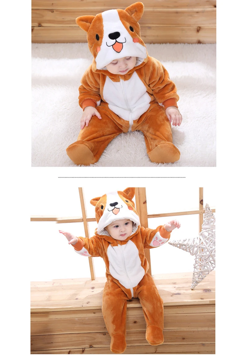 Baby Bodysuits comfotable Hot Kawaii Baby Corgi Dog Animal Pajamas Long Sleeve Cute Anime Rompers Hooded Boys Girls Fantasia Warm Cotton Jumpsuit Clothes carters baby bodysuits	