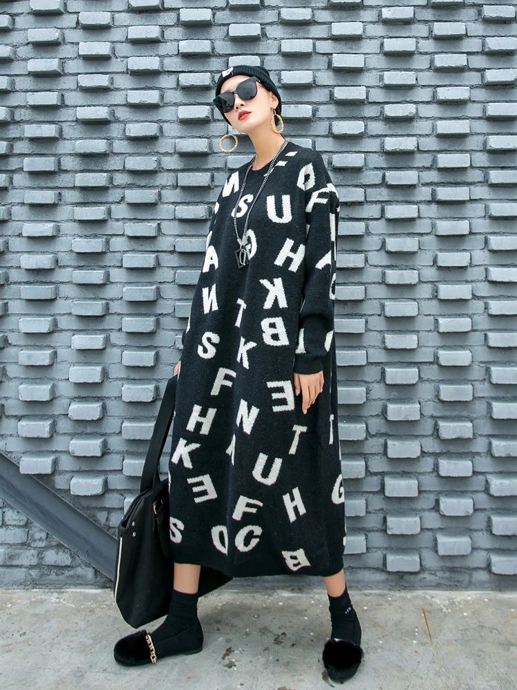 Vefadisa Letter Print Mid-Calf Sweater Dress Women