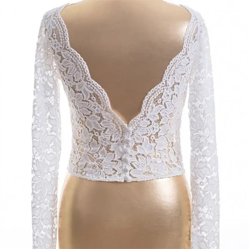 Real Picture Custom Made Long Sleeve Bridal Jackets Backless Lace Appliques Wedding Bolero Jacket Wrap Shawl