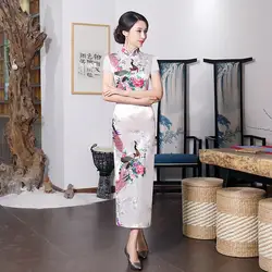 Элегантное Белое Женское длинное традиционное китайское китайский женский халат со стоячим воротником, с цветочным принтом, классическое