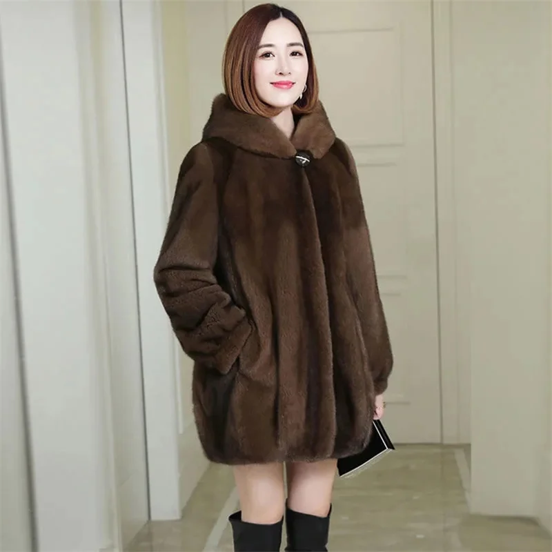 

Winter Female Haining New Imitation Mink Velvet Fur Jacket Women Hooded Mid-length Thick Mink Coat Korean Loose Outwear A879