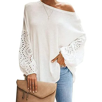 

One Shoulder Off Sexy White Shirts Women Hallow Out Sleeved Long Tshirts Autumn 2020 New Arrival Oversized Top Lady Casual Tees