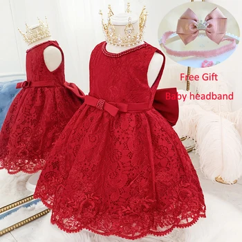 

2020 White Dress Ceremony 1st Birthday Dress For Baby Girl Clothes Beading Princess Dress Ball Gown Party Dresses Free Headband