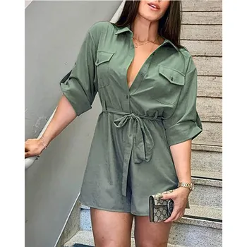 

Women Rompers Short Sleeves Jumpsuit Wide Pants Short Overalls Single Breasted Turn-down Loose Solid Streetwear Style Playsuits