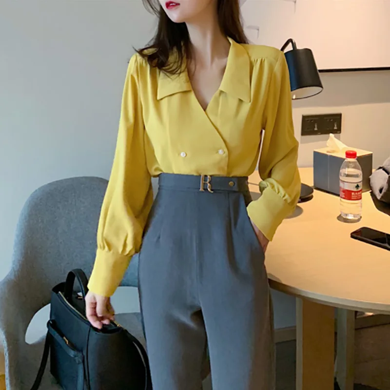 

Elegant Women Shirt Simple Fresh Casual Solid Loose Double Breasted Female Blouse Sweet Long Sleeves Chiffon Shirt For Lady