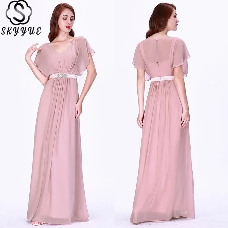 

Skyyue V-Neck Bridesmaid Dresses Short Sleeves Ruffles Chiffon A-Line Illusion 2019 Robe Demoiselle D Honneur C461
