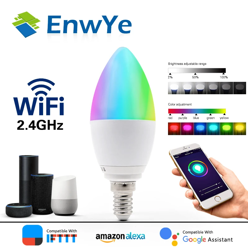 

EnwYe WiFi Smart Bulb LED 5W RGB+WW+CW E14 AC 110V 240V Voice Remote App Control work with Alexa Google Home