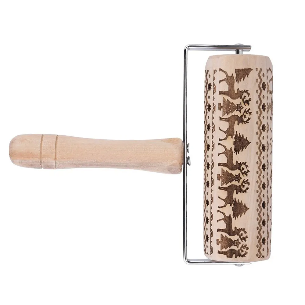 Embossing Rolling Pin Wooden Rolling Pin Creative Drum Type Elk Christmas Wood Embossed Party Rolling Pin Pastry Tools Biscuits