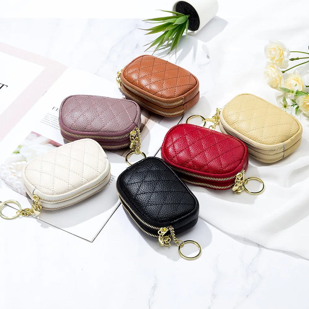 Women Genuine Leather Zip Mini Coin Purse With Key Ring Female Double Zipper Card Holder Small Change Wallet Pouch Storage Bag