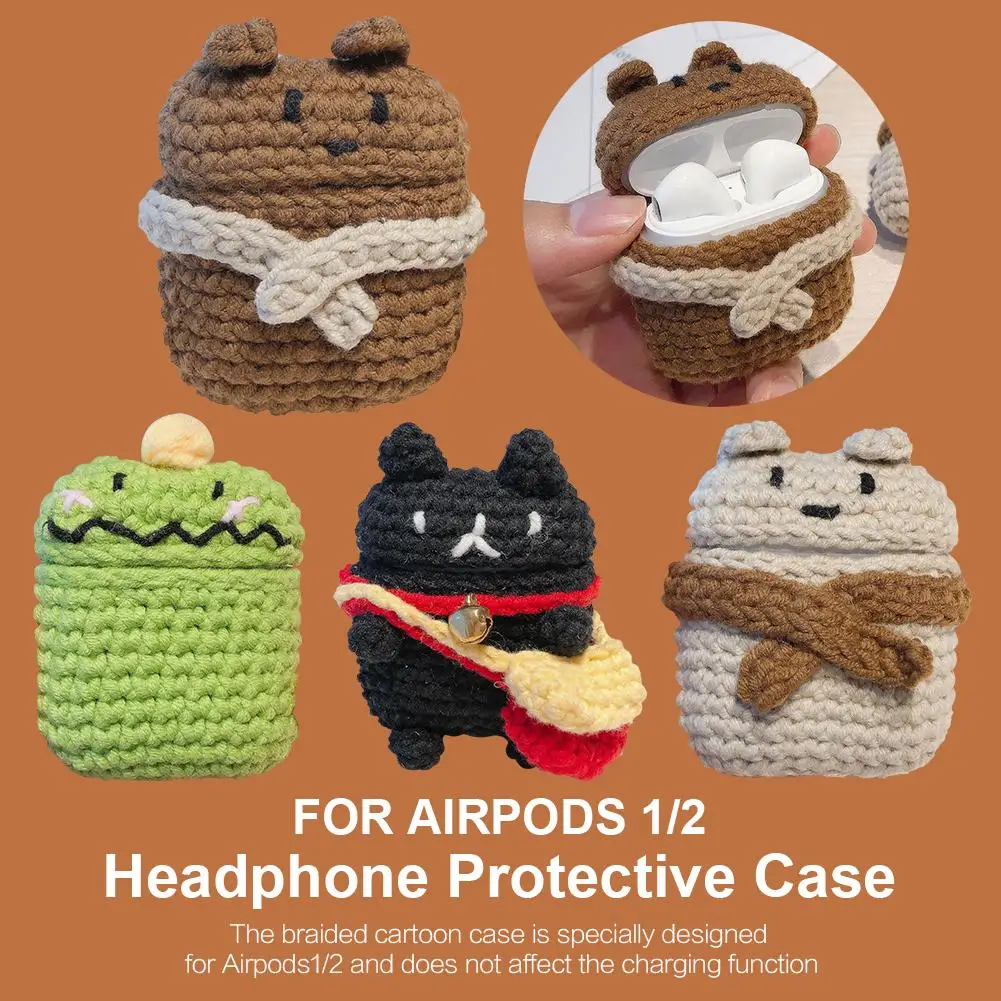 

Kawaii Hand-knitted Wool Anti-Drop Earphone Protective Case Full-Cover Bluetooth Headset Storage Box For Airpods 1 2 Accessories