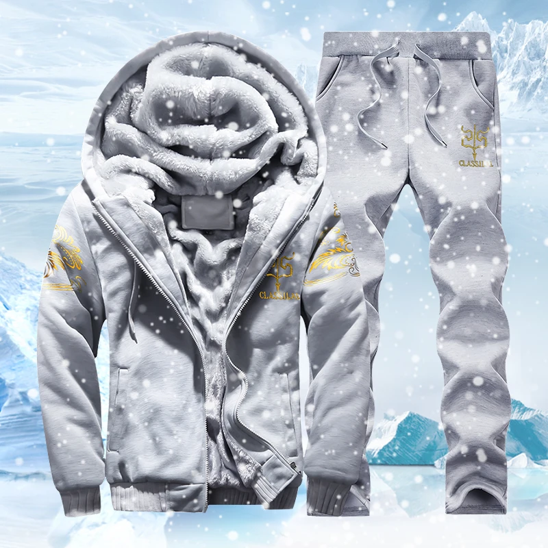 Tracksuit Men Pant Sweatshirt Hooded Fur Fleece Sporting Winter Brand-Clothing Casual