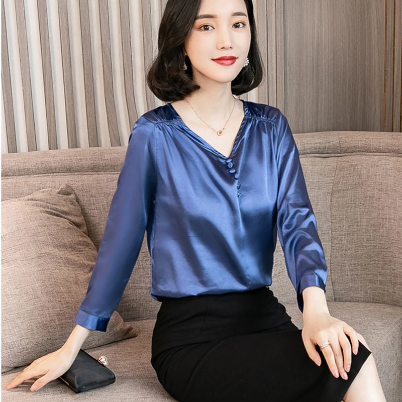 

2019 Spring Summer Fashion Casual Elegant Solid Chiffon Blouse Women Silk Satin Shirts Office Lady Career Blusa Pullover tops