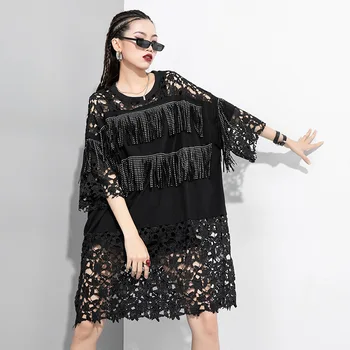 

WOMENGAGA 2020 summer the new Round neck hedging Lace patchwork Heavy craft dress Large size Girl female Casual q00014