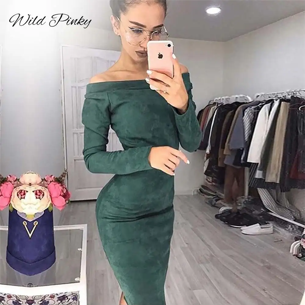 

WildPinky Solid Suede Long Sleeve Off shoulder Women Midi Dress Autumn Winter Female Sexy Bodycon New Year Party Dress Vestidos
