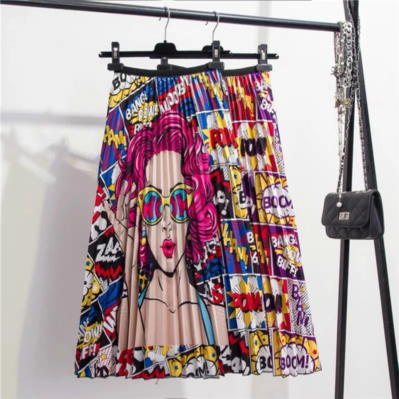 

2019 New-Coming Autumn Printing Lady Hair Pattern Empire High Elastic Women Skirt Party Holiday High Street Style