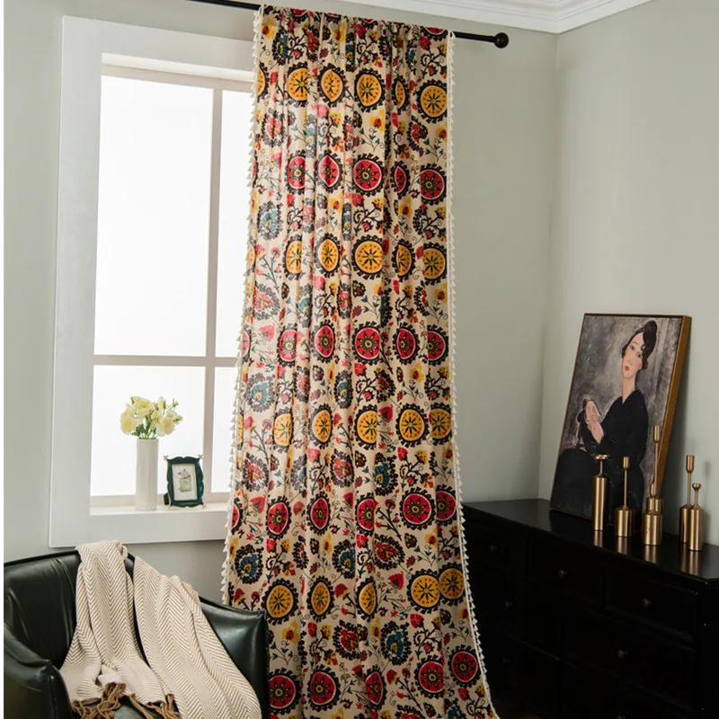 Bohemian Sunflower Cotton Linen Curtains with Tassels for Living Room Bedroom Kitchen Balcony Room Floral Window Blinds Factory 2