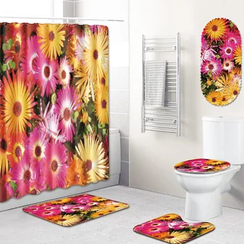 

Flower Pattern Bathroom Shower Curtain Mat Non-Slip Absorbent Carpet Mats Five-Piece Set