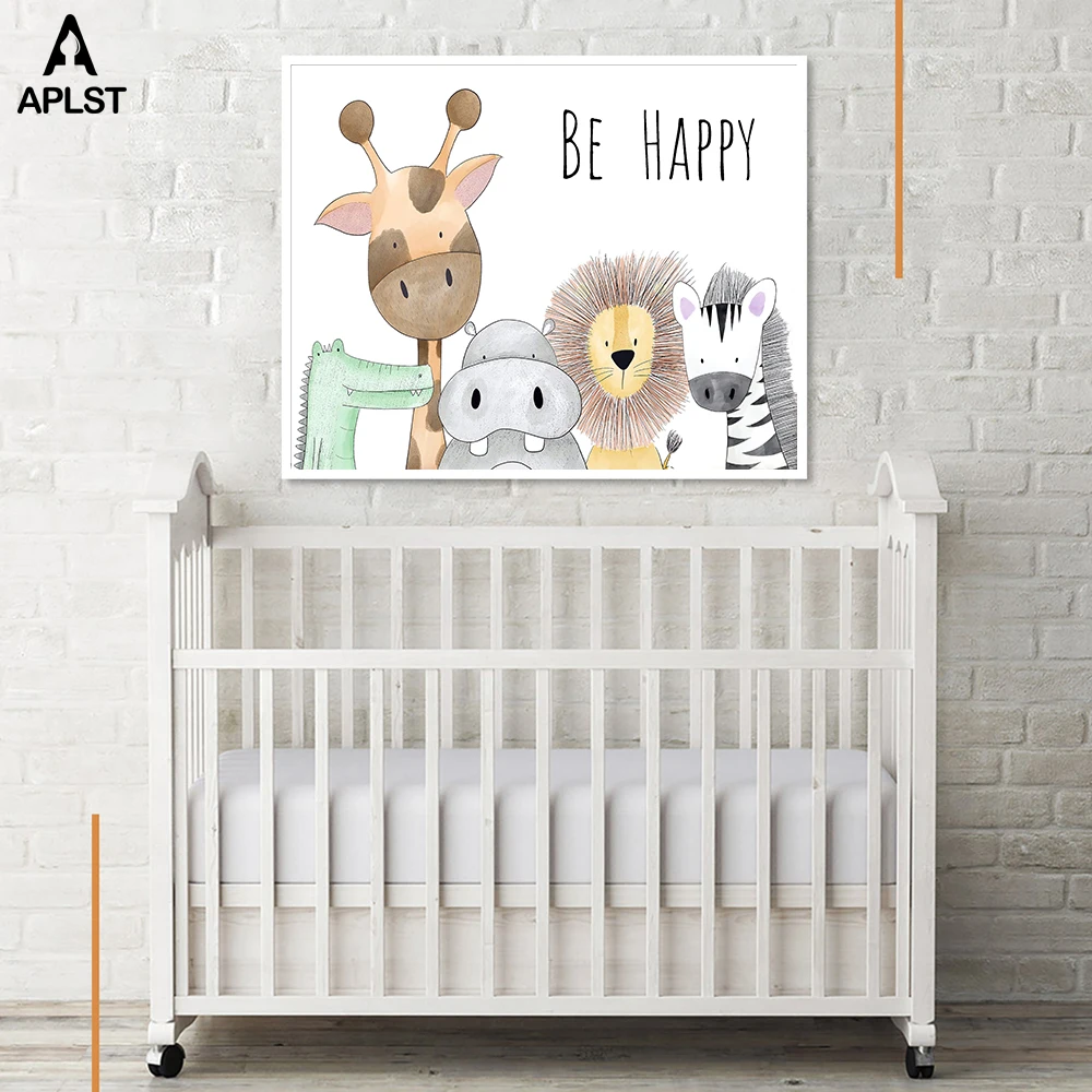 Be Happy детская комната печать живопись на холсте животные бегемот жираф обезьяна плакат со львом картина домашний декор для детей Детская комната