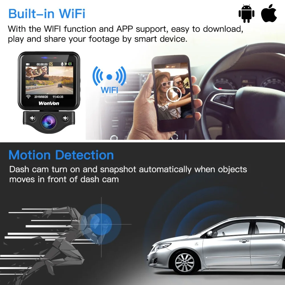 WonVon wifi Dash Cam Передняя внутренняя Автомобильная камера s 2," ЖК-экран Full HD Двойная камера заднего вида 1080P видеорегистратор Автомобильный видеорегистратор Dascam