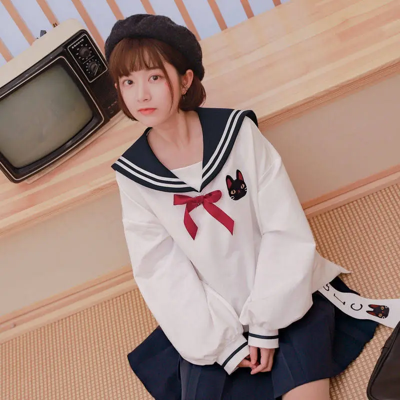 YUPINCIAGA, женские свитшоты, пуловер, Kawaii, милый, свободный, с галстуком-бабочкой, с вышивкой в виде кота, темно-синие свитшоты, белый, темно-синий, худи для девочек