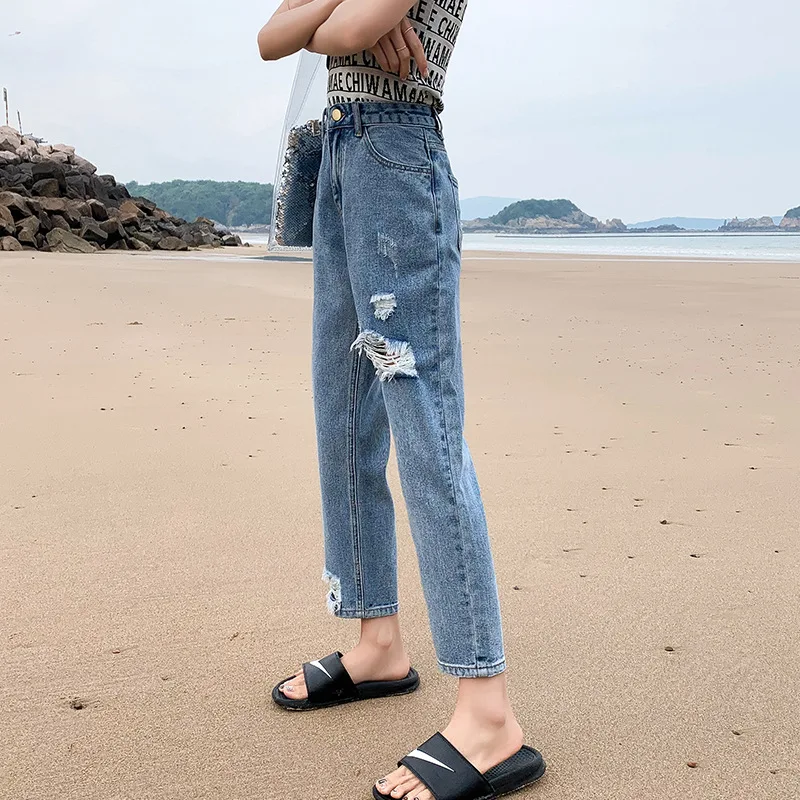 Весна и осень, свободный крой с дырками, прямые джинсы(брюки длиной до щиколотки), женские узкие брюки с высокой талией для похудения J