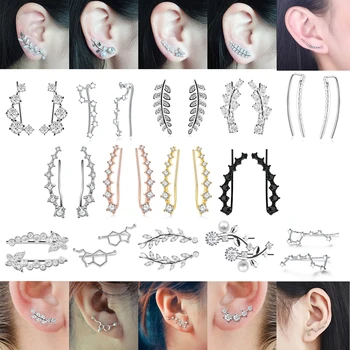 

1pair Leaf Earrings Ear Crystal Wedding Jewelry Trendy Ear Climbers Triangle Heart Climber Stud Earring Women Crawler Gif Oreja