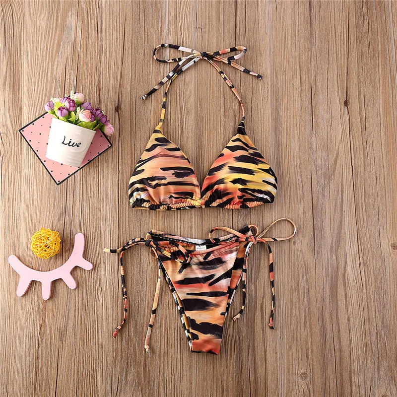 

Women Sexy Two Pieces Bikini Set Swimsuit Bathing Suit 2020 New Tiger Skin Print Halter Lace-up Bikini Set Swimwear Beachwear