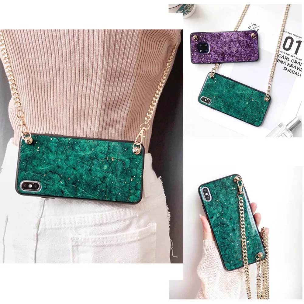 

Gold foil marble Crossbody Phone Case Long Chain For iPhone 7 8 6s Plus X XR XS Max Stone crack texture Phone Cover with strap