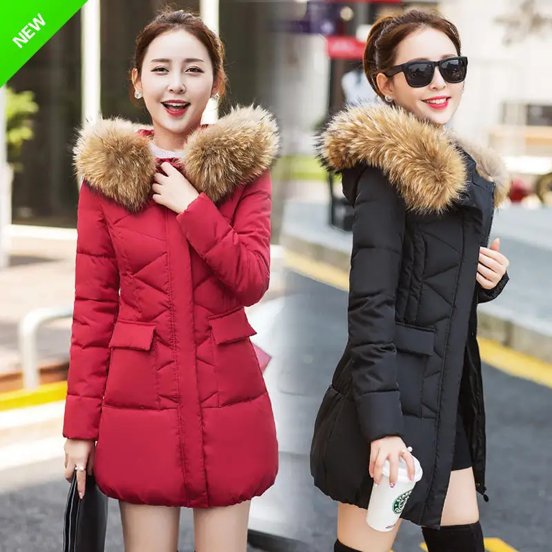 

2018 New Style Cotton-padded Jacket Women's Warm Slim Fit Slimming Large Fur Collar Winter Cotton Dress Winter Coat Mid-length C