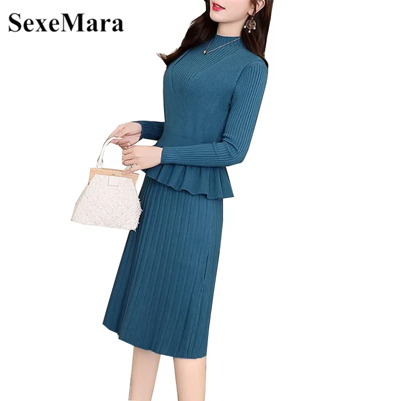 

2019 Korean version of the autumn and winter new Standing collar long-sleeved two-piece long-sleeved fashion knit sweater dress