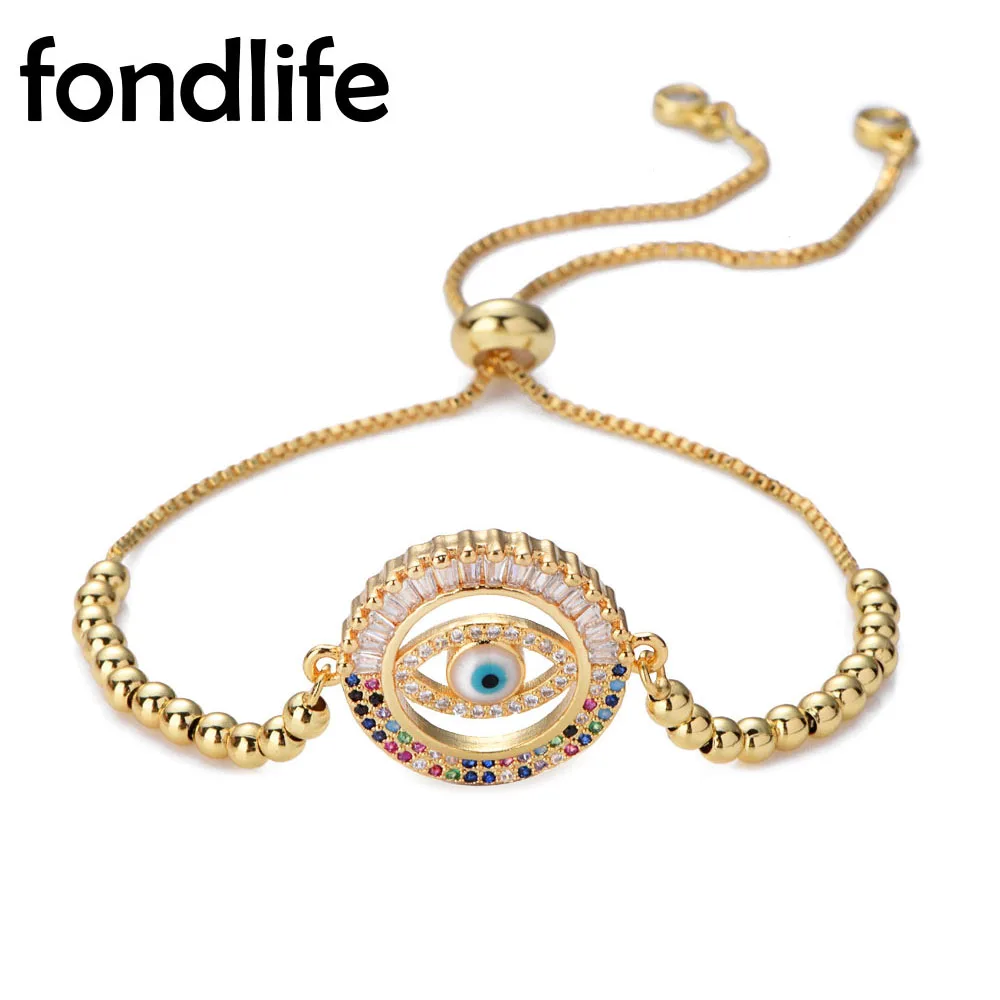 Multicolor Rainbow Cubic Zirconia Stones Round Evil Eye Lucky Charm Bracelet Women Girl Luxury Classic Copper Bead Jewelry Gift