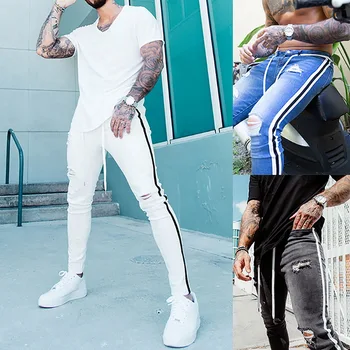 

Trendy Men Skinny Jeans Biker Destroyed Frayed Fit Denim Ripped Denim Pants Side Stripe Pencil Pants Hip Hop Streetwear