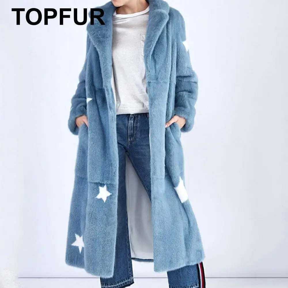 Женская куртка из натуральной кожи TOPFUR синий плащ с воротником меха норки и