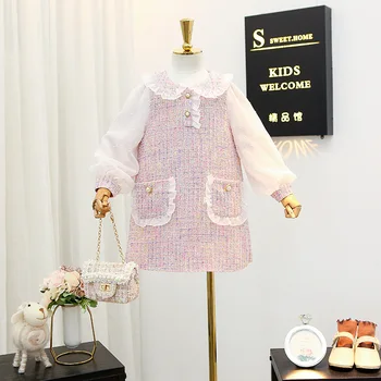 

Cici Girl Boutique Tweed Plaid Dress for Kids Elegant Lace Ruffles Fall Winter Dress Puff Sleeve Princess Girls New Year Clothes