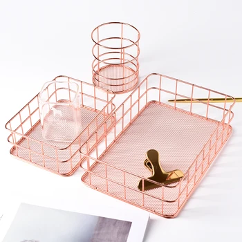 

Nordic Metal Storage Basket Office Desktop Sundries Makeup Brushes Pen Holder Table Cosmetics Organizer Rose Gold Net Basket