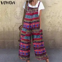 VONDA женский комбинезон 2019 летний винтажный комбинезон с принтом Панталоны длиной до икры широкие брюки Плюс Размер повседневные Костюмы