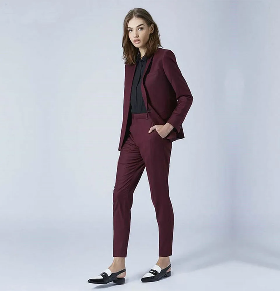 

Burgundy Ladies Pant Suits Women Business Suits Blazer Jacket+Pants Formal Office Uniform Style Female Trouser PantSuit