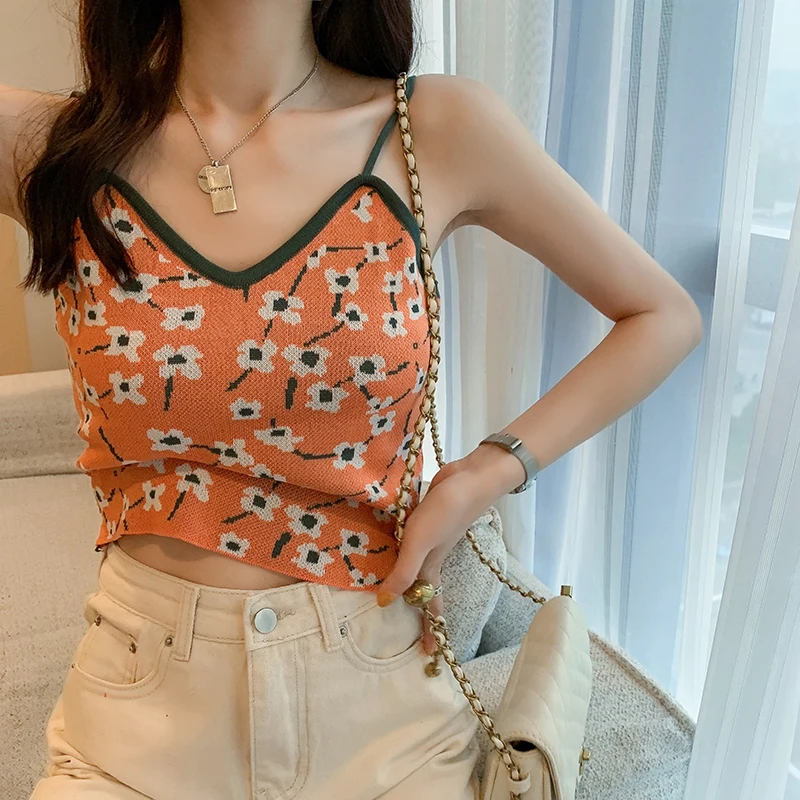 Floral-Print Decorative Camisole Slim-Fit Sweater Thin 2021 Women's Summer Camisole cheap bras