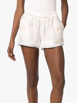 

Bohemian style elastic waist heavy industry embroidery linen shorts women