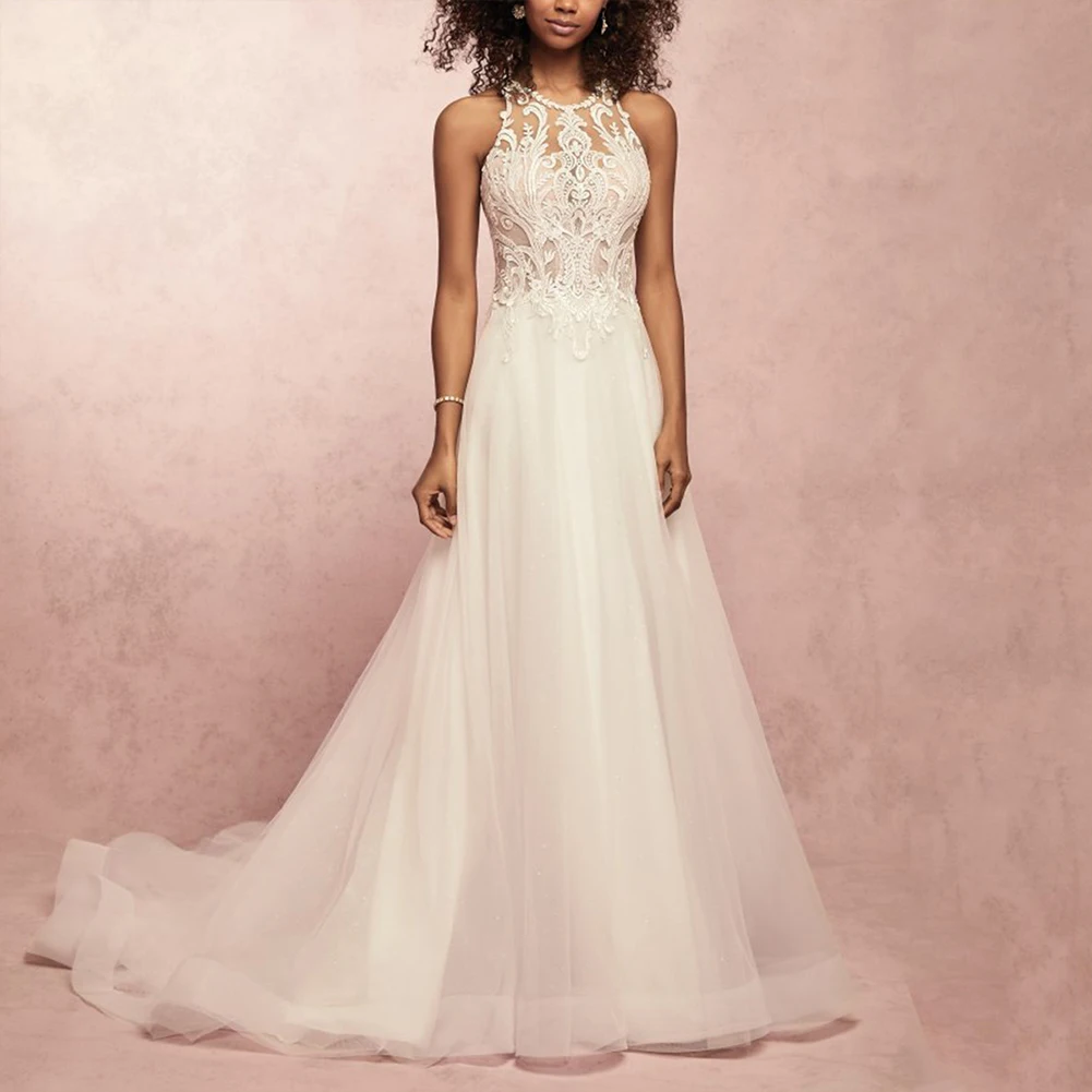 

O Neck Tulle Dresses Applique Open Back Sleeveless A Line Floor Length Cathedral Train Bridal Dress Vestido De Noiva