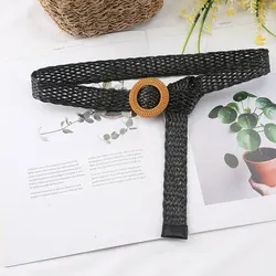 Summer Women Braided Elastic Belt Round Plastic Buckle Waist Belts Vintage Fake straw woven Belt Decorative Dress Waistbands
