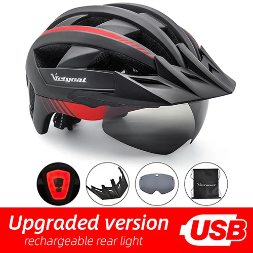 BlackRed USB LED Victgoal MTB велосипедный шлем Moutain дорожный USB Перезаряжаемый велосипедный шлем с подсветкой солнцезащитный козырек поляризационные очки светильник велосипедные шлемы - Цвет: BlackRed USB LED