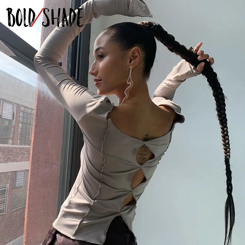 Bold Shade Indie Outfits Vintage 90s Streetwear Fashion T Shirts Backless Hollow Out Long Sleeve Crop Top for Women Urban Tops