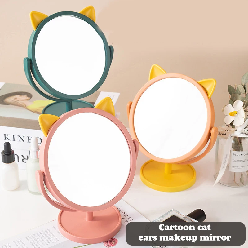 Single Sided Makeup Mirror Cat Ear Shaped Round Vanity Mirror 360 Degrees Rotation Table Desk