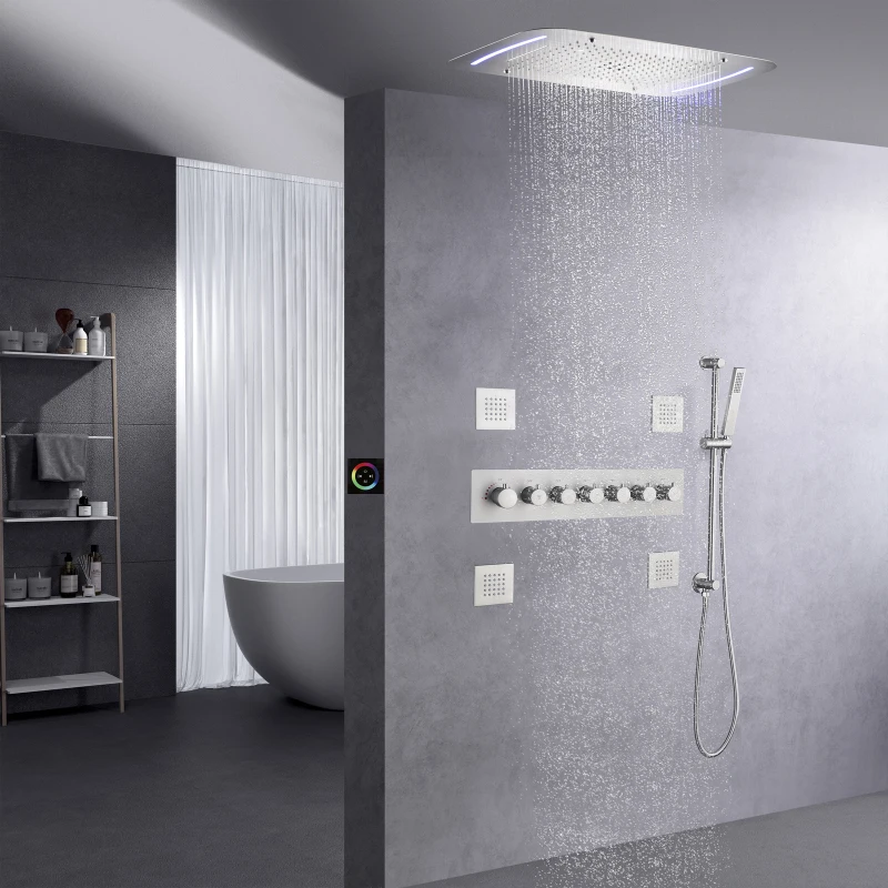 

Brushed LED Thermostatic Rain Shower Set 28X17 Inch Bathroom Waterfall Bubble Atomizing Rain And LED Panel